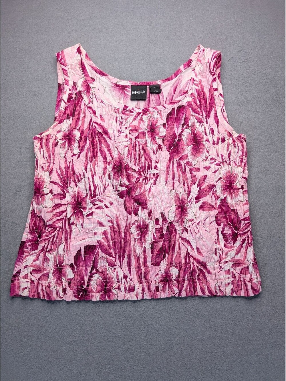Erika Tank Top Womens M Pink Tropical Floral Scoop Neck Pleated Cotton Summer